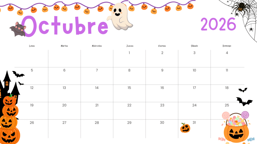 Calendario infantil octubre 2026 con diseño de Halloween para imprimir