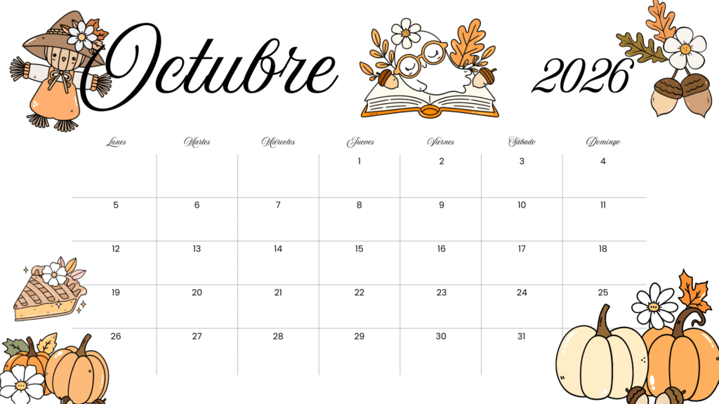 Calendario infantil octubre 2026 con diseño de otoño para imprimir