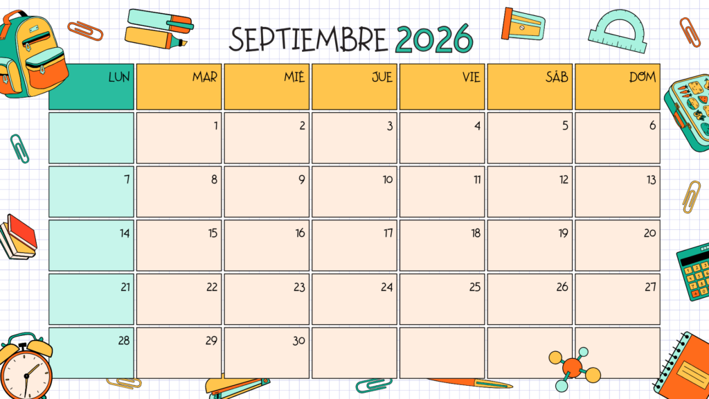 Calendario infantil septiembre 2026 con diseño colorido para imprimir.