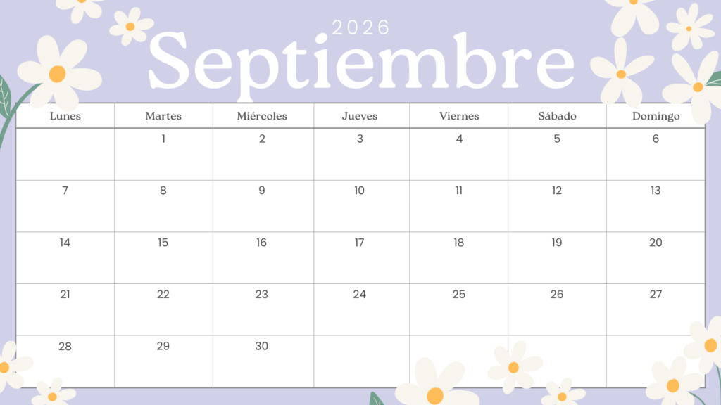 Calendario infantil septiembre 2026 con diseño floral para imprimir.