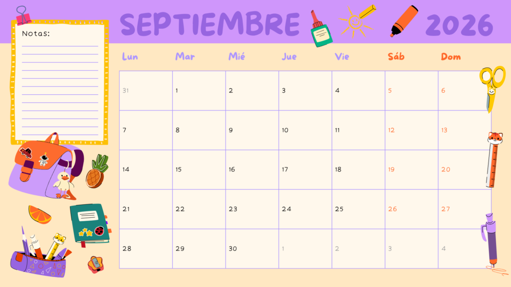 calendario infantil septiembre 2026 para imprimir