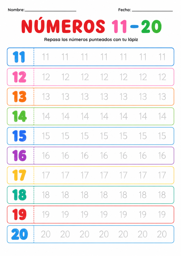 Ficha de trazos de números del 11 al 20 para leer y escribir