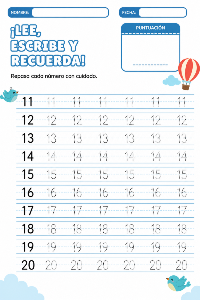 Hoja de números del 11 al 20 con trazos punteados para niños