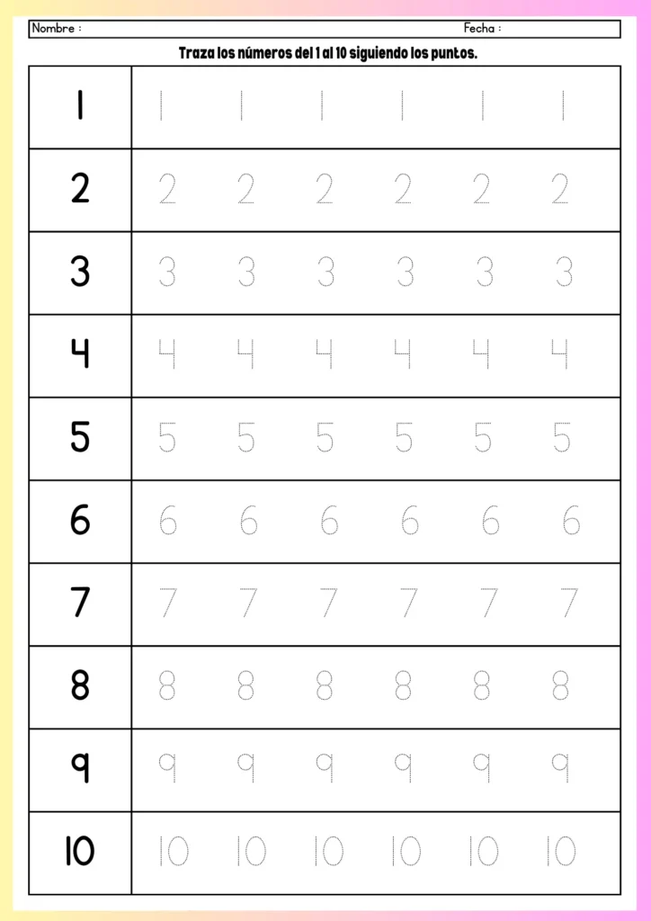 Hoja de trazos de números 1 al 10 para imprimir con números punteados para practicar la escritura.