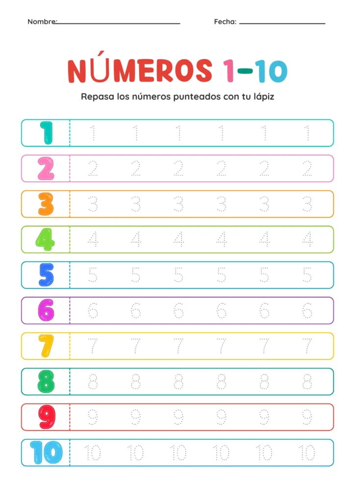 Ficha de trazos de números 1 al 10 con líneas punteadas para que los niños practiquen cada número.