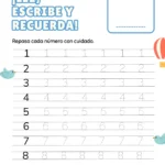 Actividad de trazos de números 1 al 10 con diseño colorido para aprender a escribir los números.