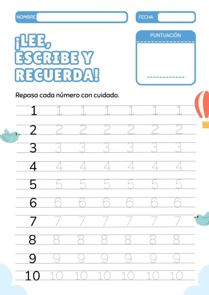Actividad de trazos de números 1 al 10 con diseño colorido para aprender a escribir los números.