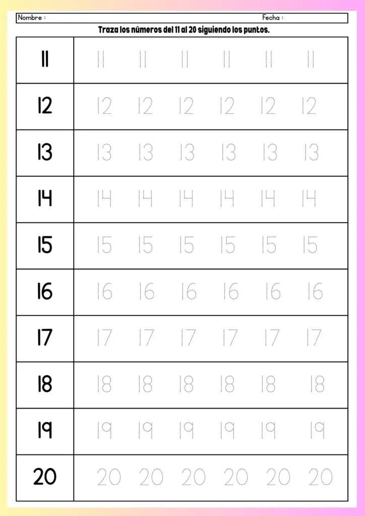 Trazos de números del 11 al 20 para imprimir con números punteados
