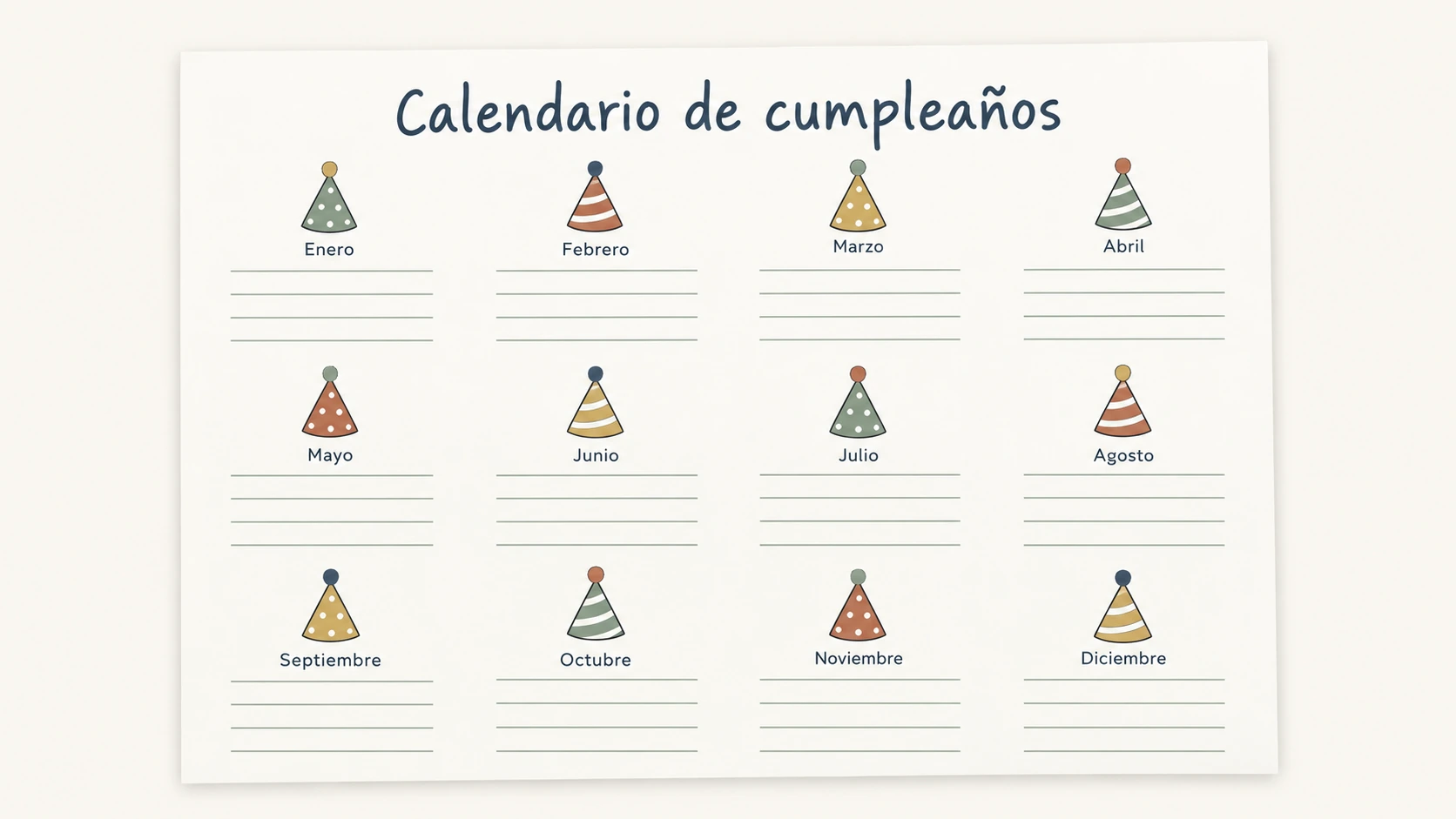 Calendario de cumpleaños con los doce meses y gorritos de fiesta