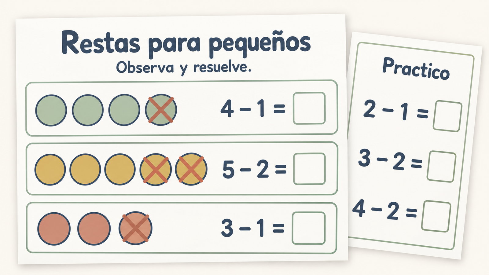 Restas para pequeños con círculos tachados y casillas de respuesta vacías