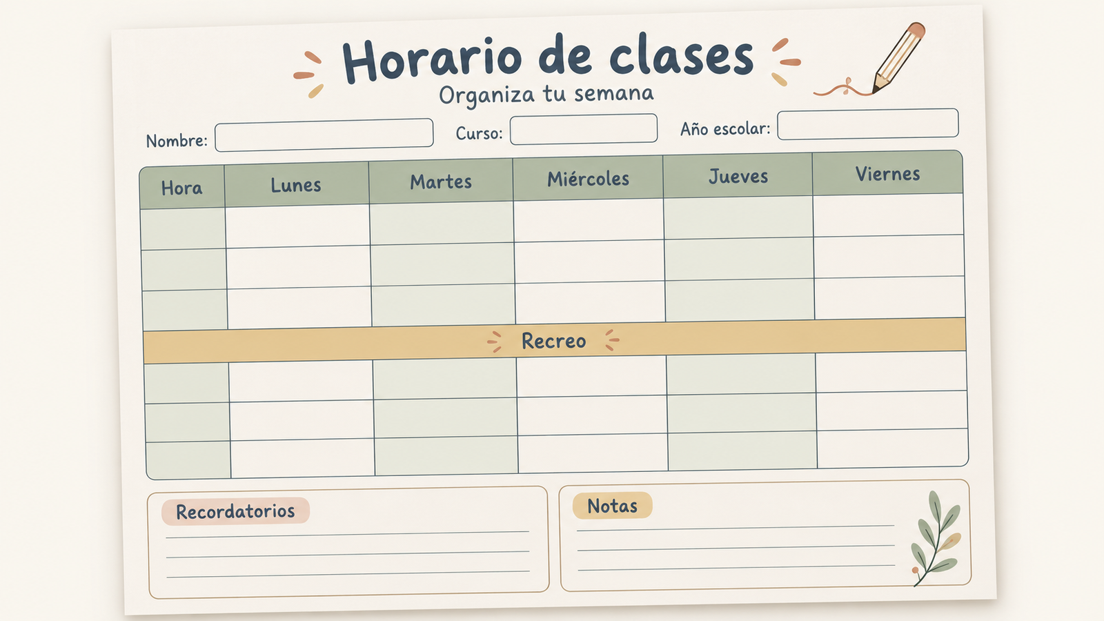 Horario de clases semanal con espacio para materias, recordatorios y notas