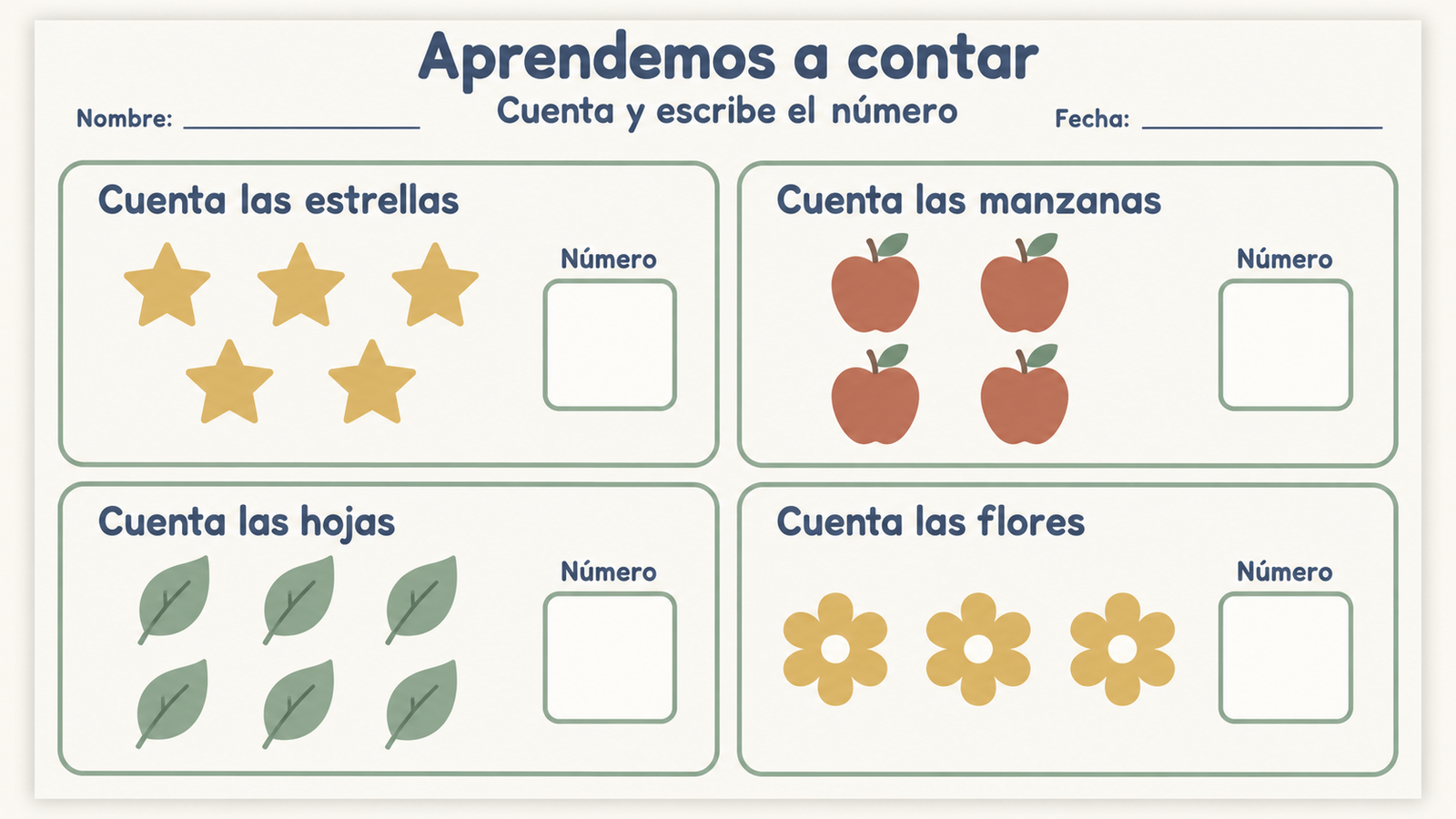 Actividades de conteo con estrellas, manzanas, hojas y flores para preescolar