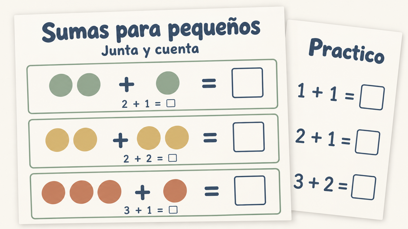 Sumas para pequeños con círculos para contar y casillas de respuesta vacías