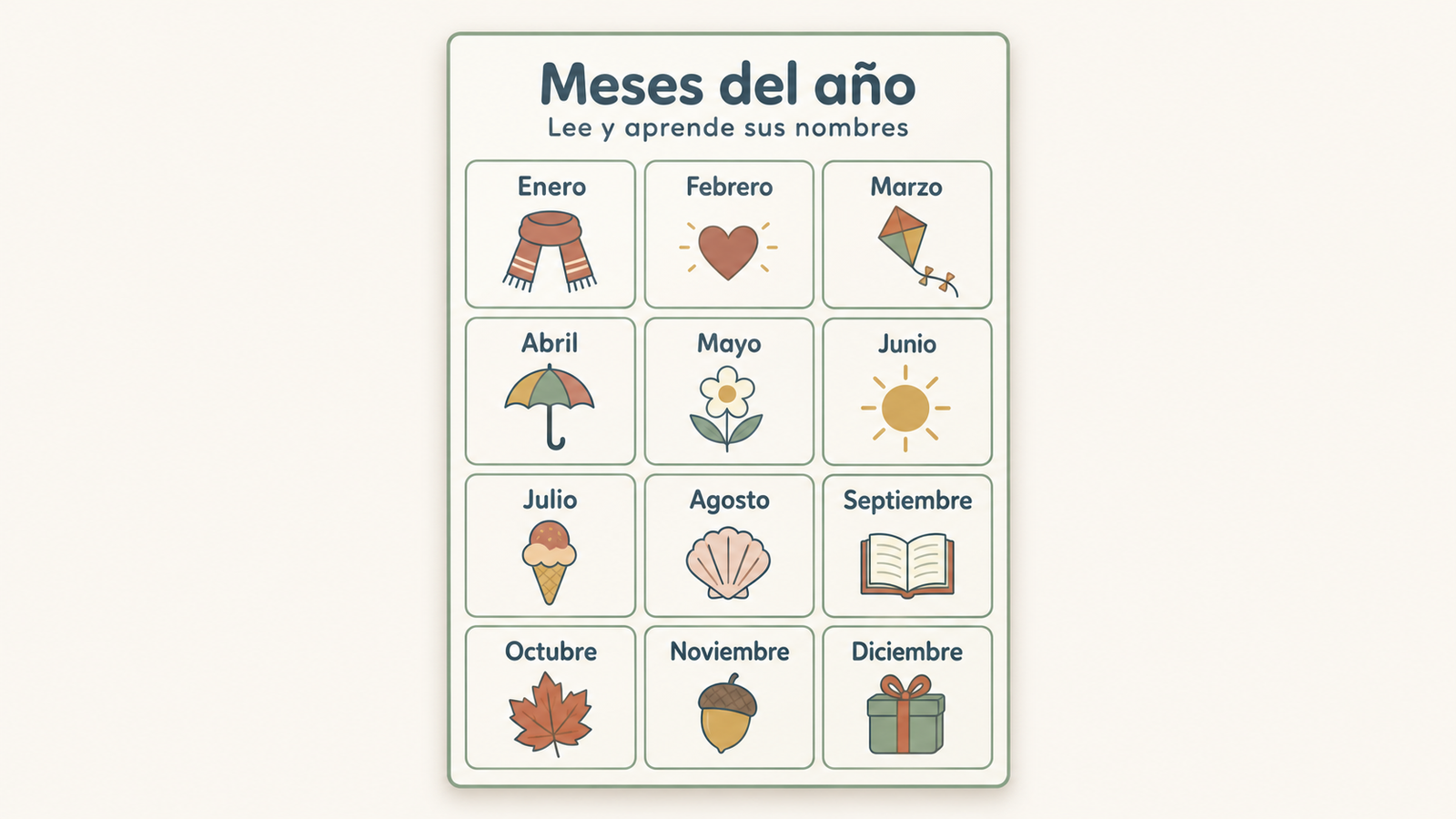 Meses del año en español con doce tarjetas e ilustraciones sencillas
