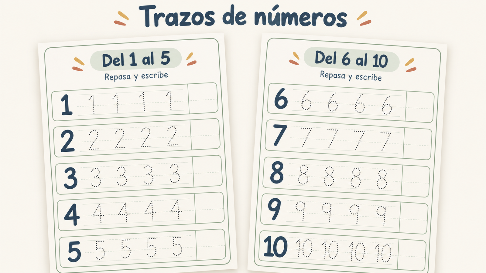 Trazos de números del 1 al 10 con numerales punteados para repasar