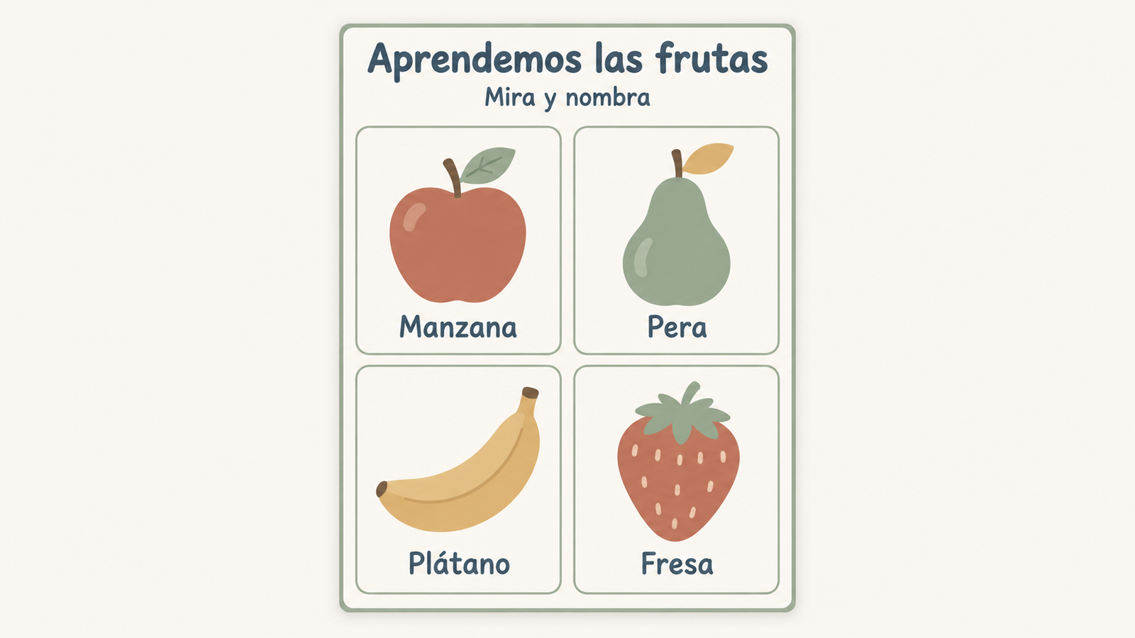Nombres de frutas en español: manzana, pera, plátano y fresa