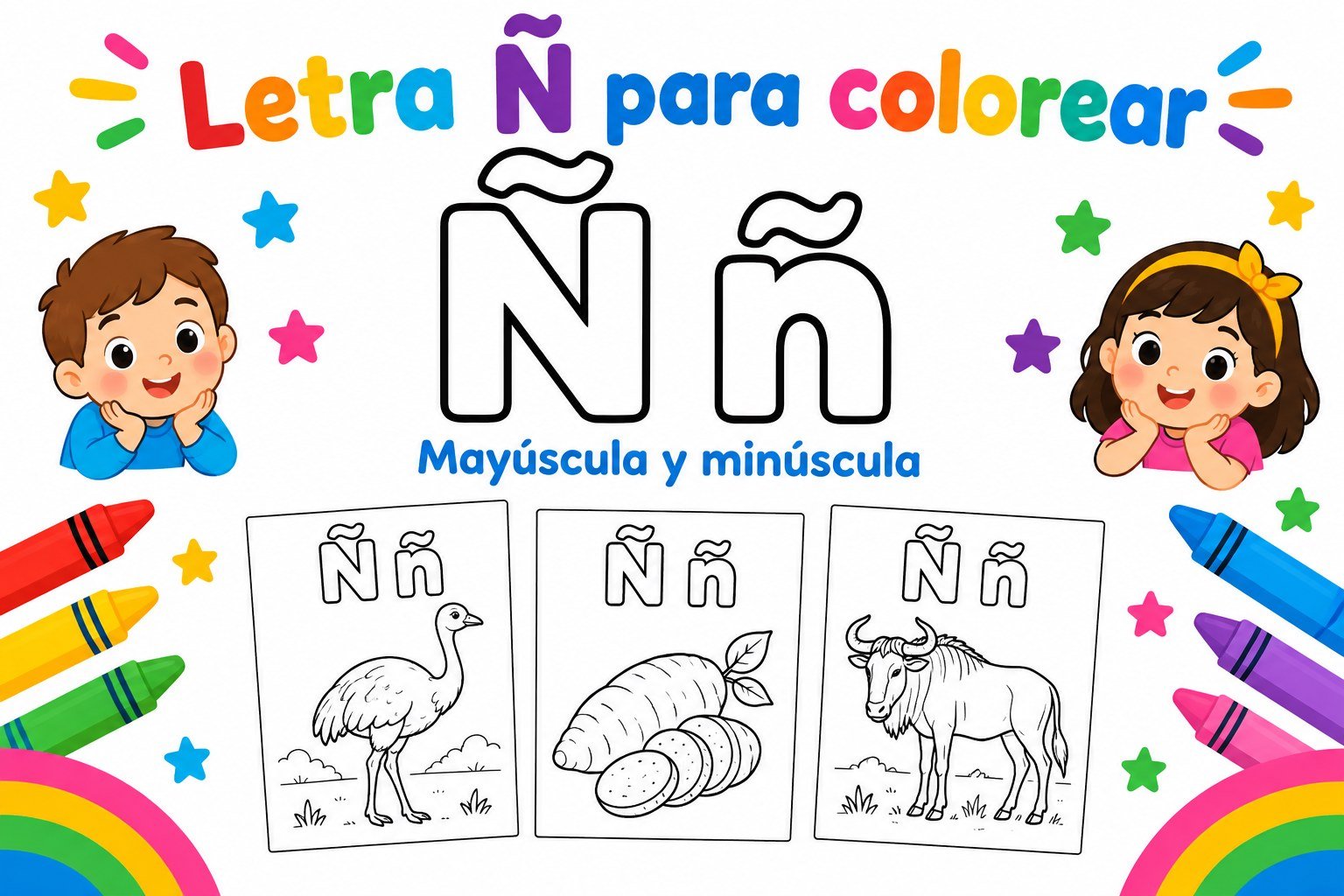 Letra Ñ mayúscula y ñ minúscula con fichas para colorear, ñandú, ñame y ñu.