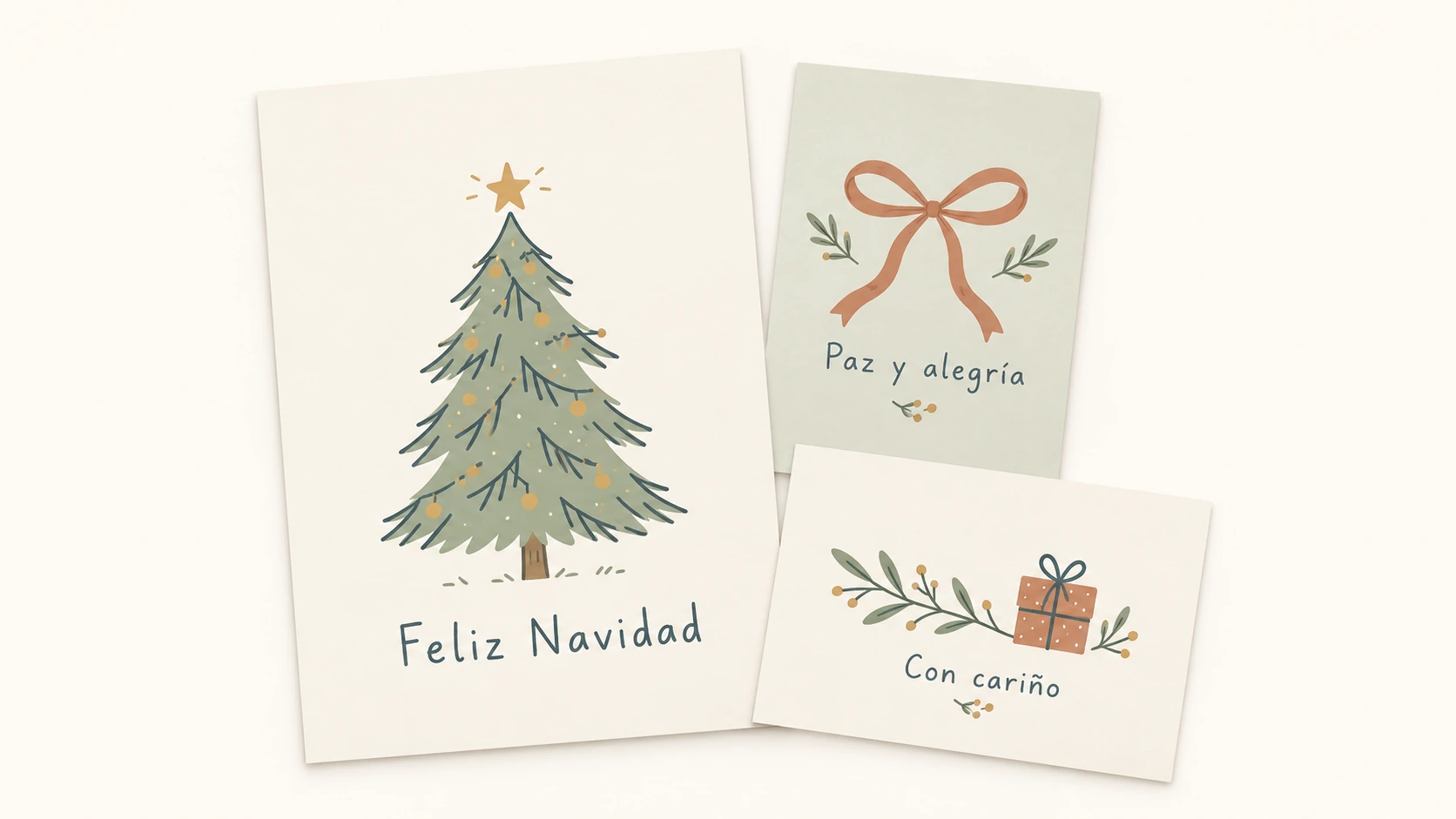 Tarjetas de Navidad con árbol, lazo y mensajes de buenos deseos