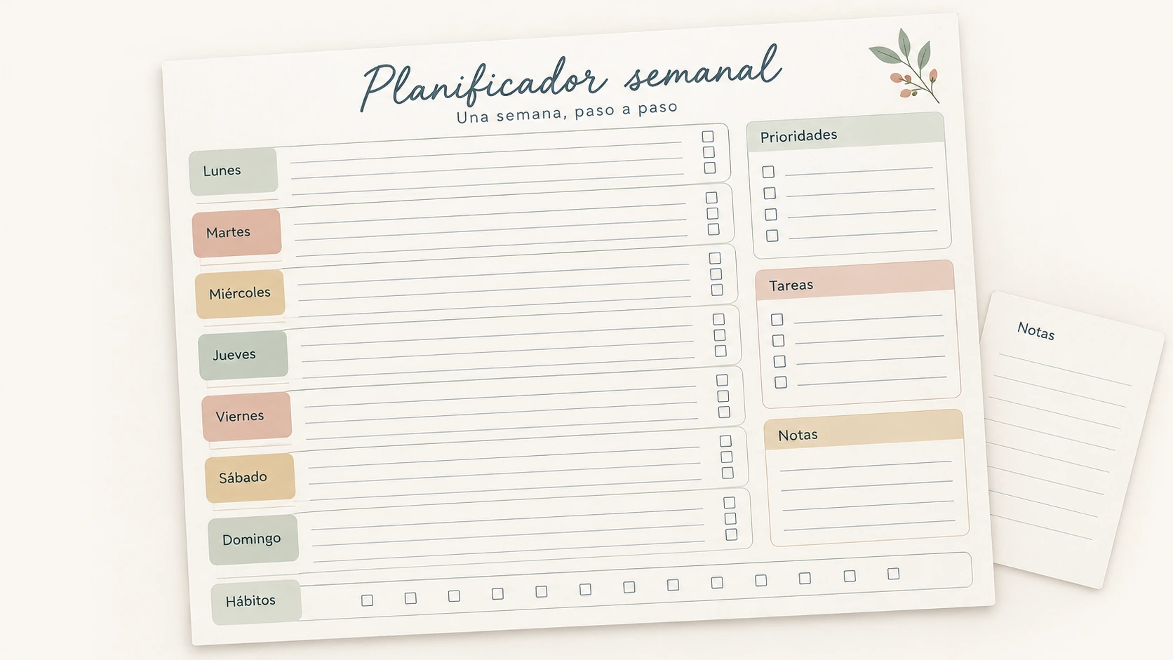 Planificador semanal con días, prioridades, tareas y notas