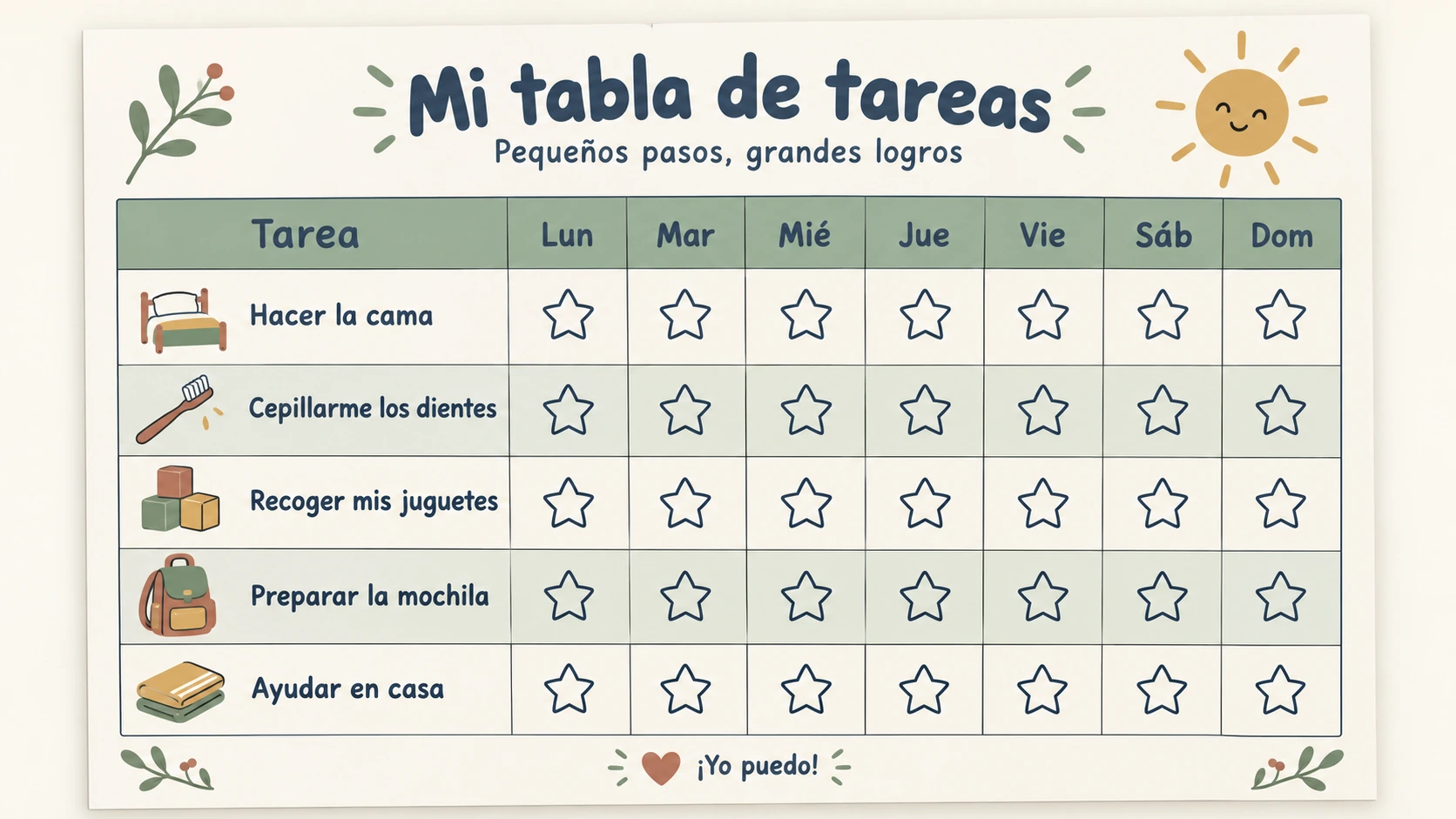 Tabla semanal de tareas infantiles con estrellas para marcar los avances